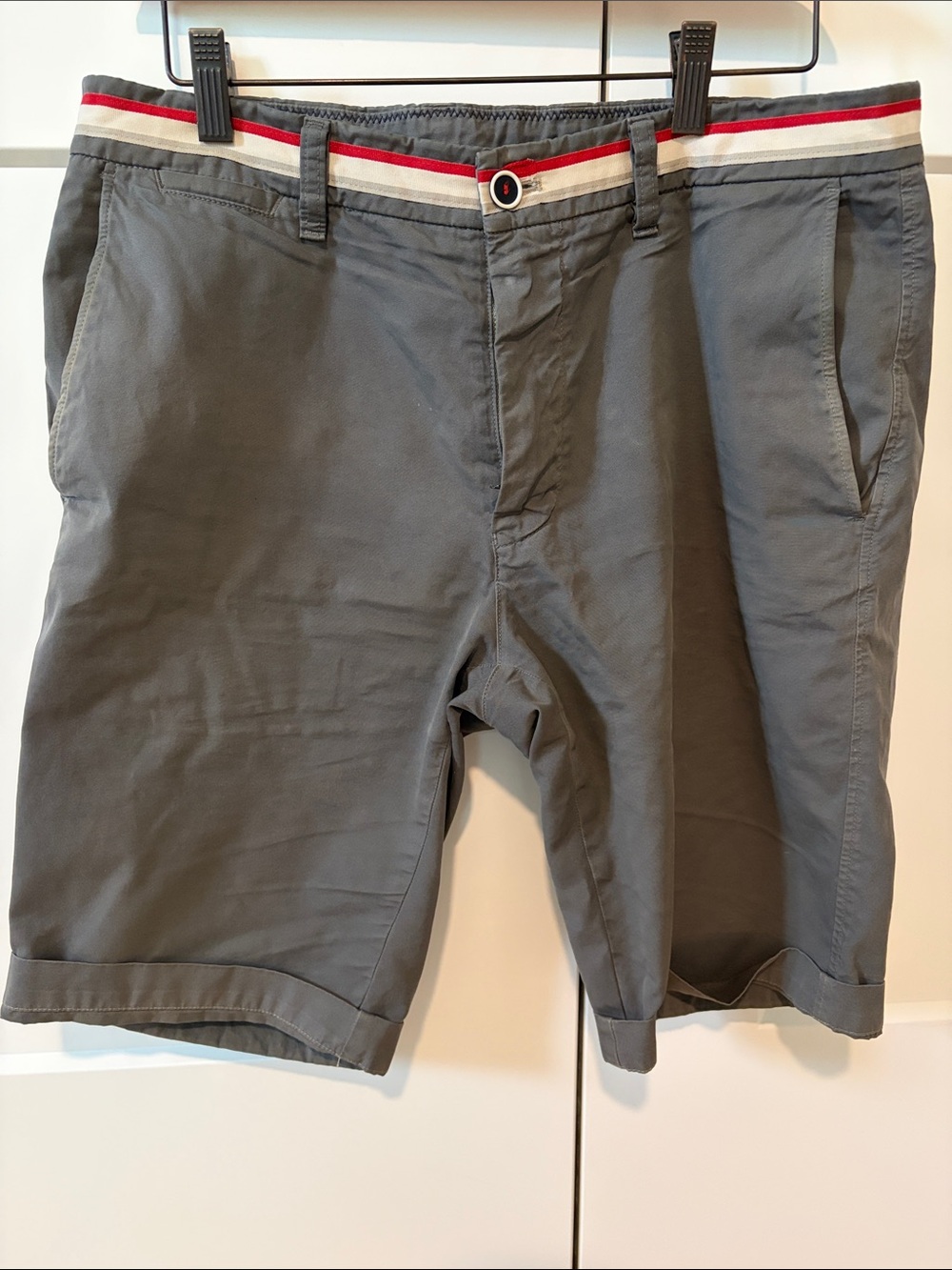 Gray Shorts with Red and Cream Waistband Trim
